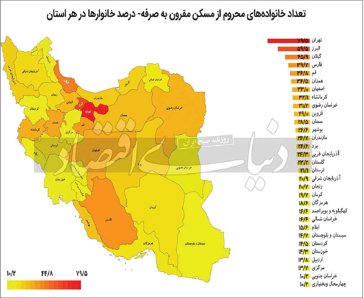 تعداد خانوارهای محروم از مسکن مقرون به صرفه - درصد خانوارها در هر استان